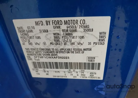 2010 Ford F-150 Stx/Xl/Xlt из США, поврежденный, VIN 1FTMF1CWXAFD02223